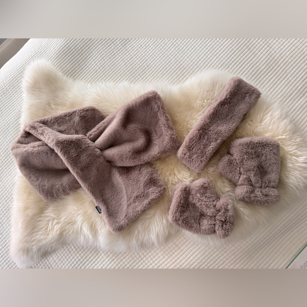 Apparis Faux Fur Scarf, Headband, and Fingerless Glove Set - Grey-Blush
